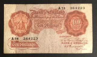 Banknote Of England. Ten Shillings KO. Peppiatt. A74. Unthreaded. Last Series.