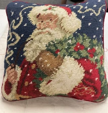 Vintage Santa Claus Needlepoint Pillow - 9” Square w Red Velvet Back