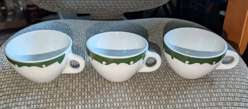 VTG Wellsville China Restaurant Ware Coffee Cups/ White-Green Scroll/ Set of 3