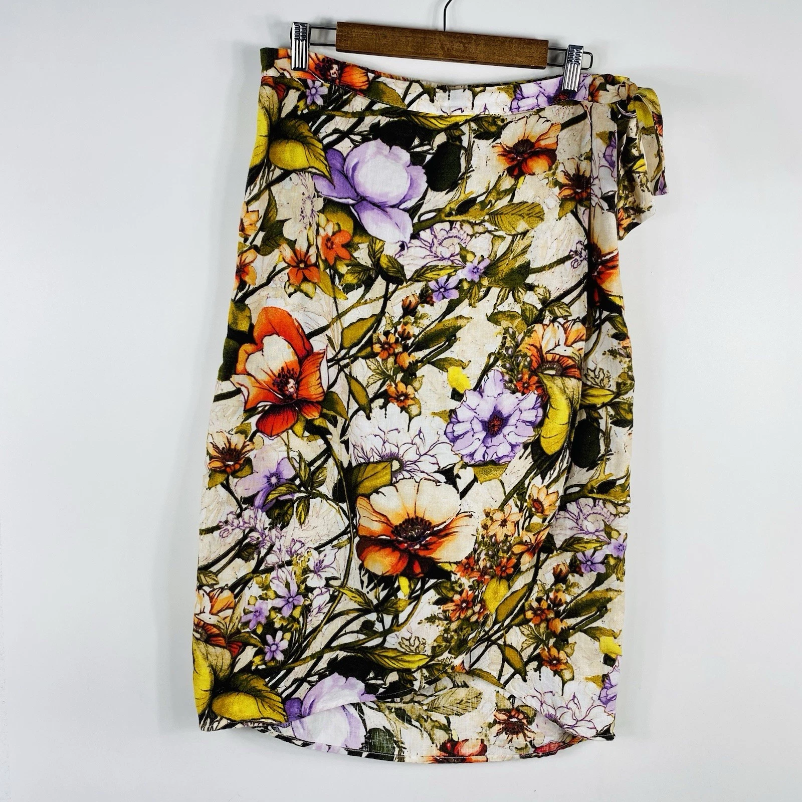 Chico's Skirt Medium 1 8 Floral Botanical 100% Linen Faux Wrap Tulip