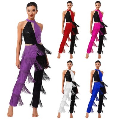 US  Womens Latin Jazz Ballroom Sequin Tassel Fringe Cha-cha Salsa Samba Jumpsuit