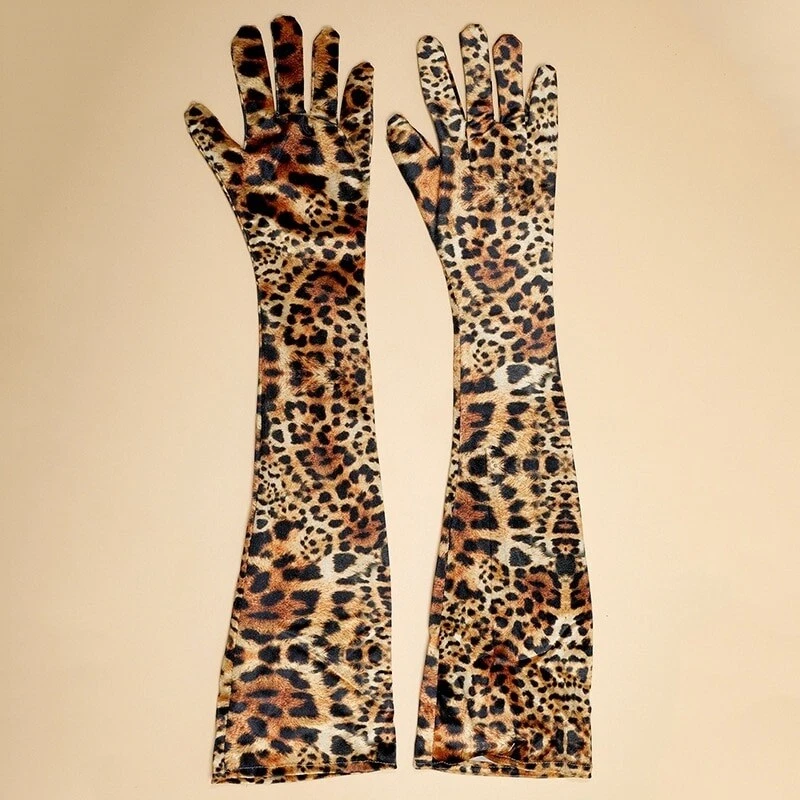 Leopard Print Velvet Dinner Dress Gloves Opera Stage Full Finger Long Gloves - Image 4 of 4