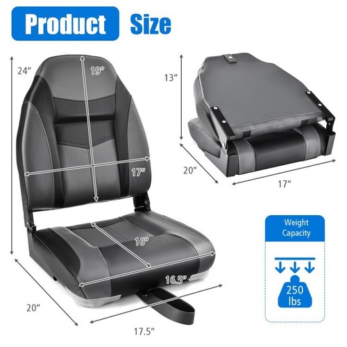 High Back Folding Fishing Boat Seats Black Grey Sponge Cushion W/Flexible Hinges - Picture 3 of 10