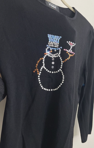 Black Holiday Sweater Snowman Sequins Christmas T Shirt Design Originals Studio - Picture 3 of 10