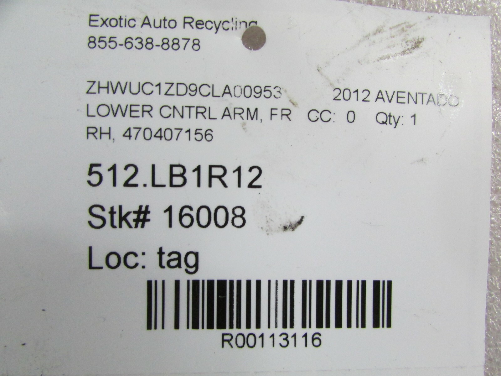 Lamborghini Aventador, RH, Right Front Lower Control Arm, Used, P/N 470407152G