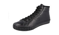 Prada Leder Casetta Wheel Schaf Fell High-Top Sneaker - Schwarz Neu - 12 46