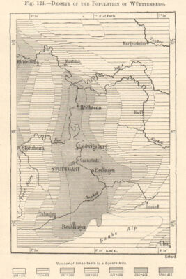 Bevölkerungsdichte Württemberg. Deutschland. Stuttgart. Skizzenkarte 1885 alt