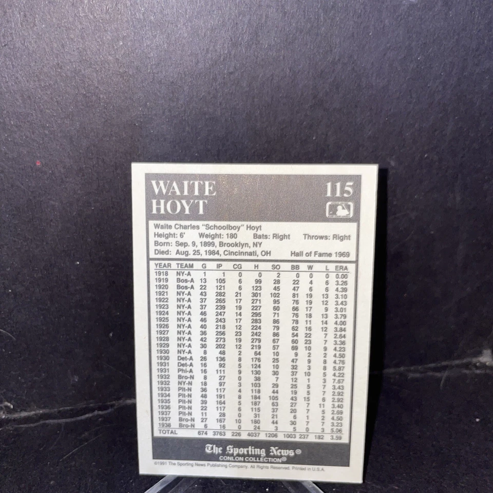 1991 CONLON COLLECTION TSN - WAITE HOYT #115 NEW YORK YANKEES - Image 2 of 2