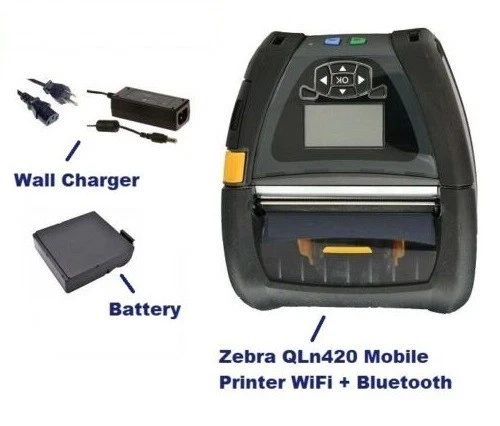 Zebra QLn420 Barcode Printer WiFi Bluetooth w Battery Charger Belt Clip
