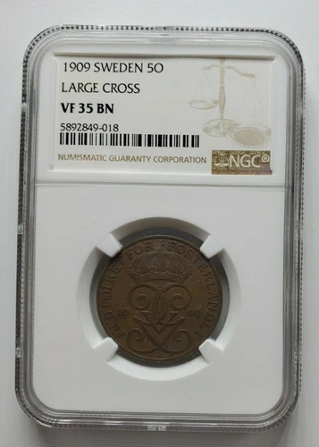 1909 Sweden 5 Ore Large Cross NGC VF35 BN