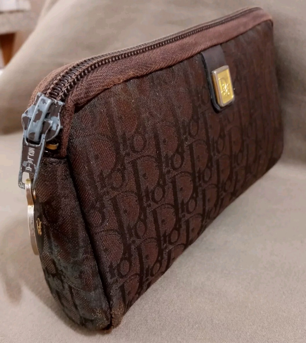 Vintage Christian DIOR Cosmetic Bag Zipper Pouch Brown Logo Canvas