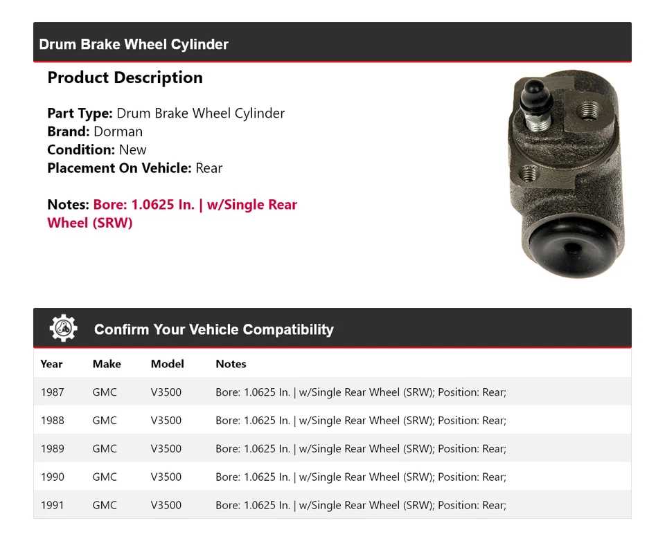 Cilindro de rueda de freno de tambor trasero para GMC V3500 1987-1991 Dorman 1988 1989 1990 Foto 2 de 4