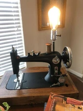 Custom made Antique Sewing Machine Table Lamp with wood Base. Lamp include.