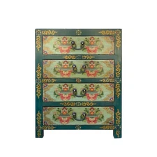 Distressed Teal Green Blue Flowers Graphic 4 Drawers End Table Nightstand cs7357