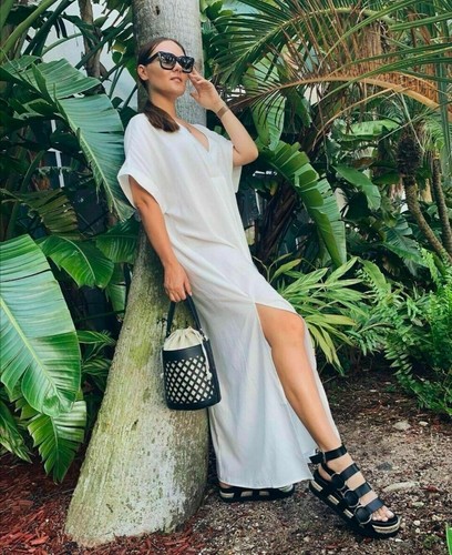 H&M HM Conscious V-Neck LYOCEL or Ruffled Cream FLOUNCED KAFTAN TUNIC Dress - Picture 5 of 15