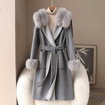 Winter Cashmere Trench Coat Women's Genuine Fox Fur Collar Long