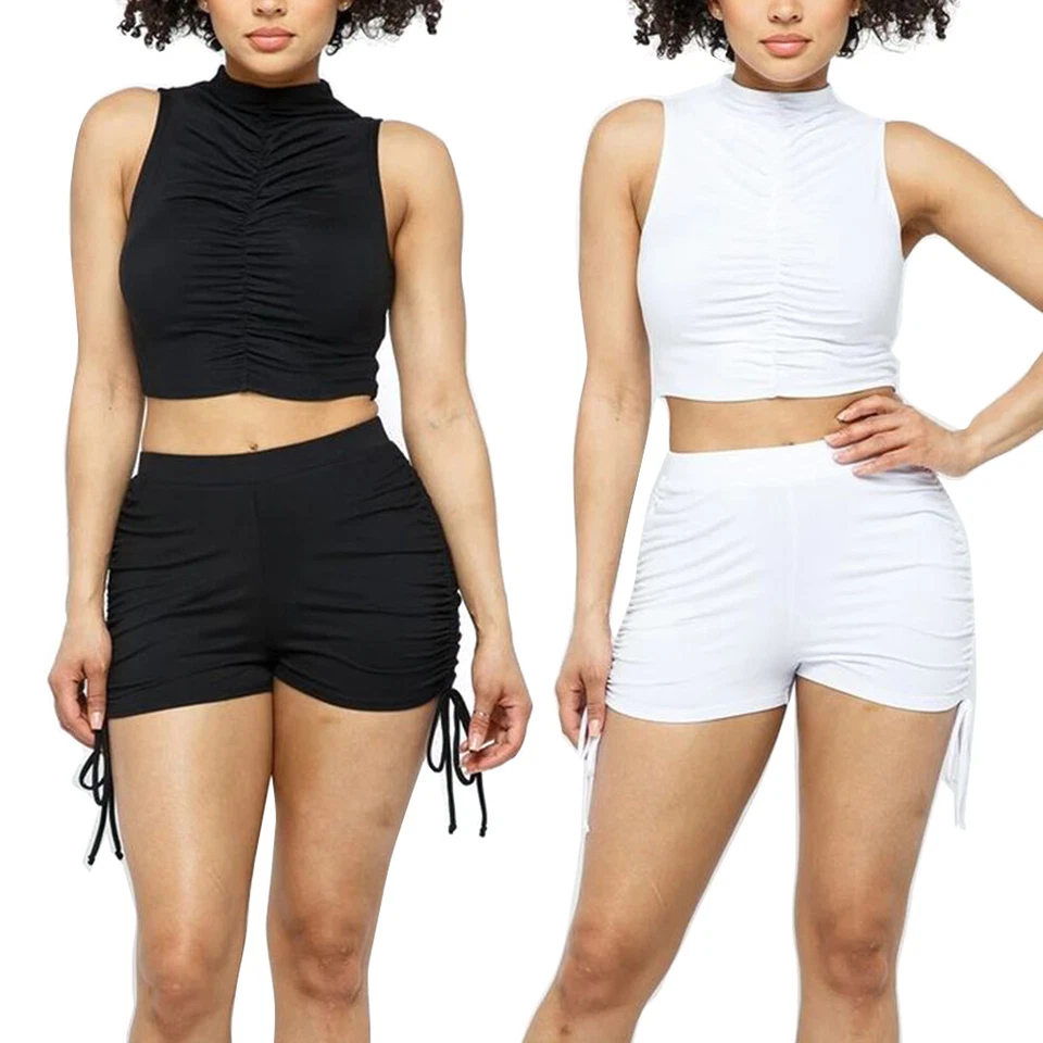 Conjunto de tela fruncida informal de cintura alta para mujer Top corto y pantalones cortos