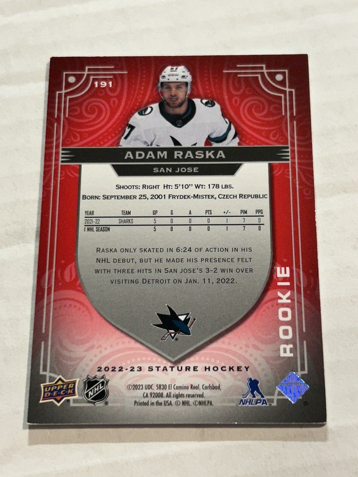 2022-23 UPPER DECK STATURE ADAM RASKA 5/33 ROOKIE PHOTO VARIATION RED ...