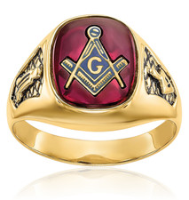 10K Solid Yellow Gold Mens Black Lab Ruby Masonic Ring
