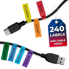 240 PCS Cable Labels Tags for Cable Management – 8 Bright Colors, Self-Adhesiv
