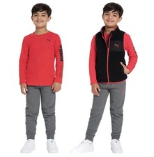 PUMA Kids' 3-piece Set, Fleece Jogger Vest, Cotton Long Sleeve Shirt