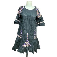 Free People Pavlo Embroidered Smock Dress Black Purple Floral Size XS