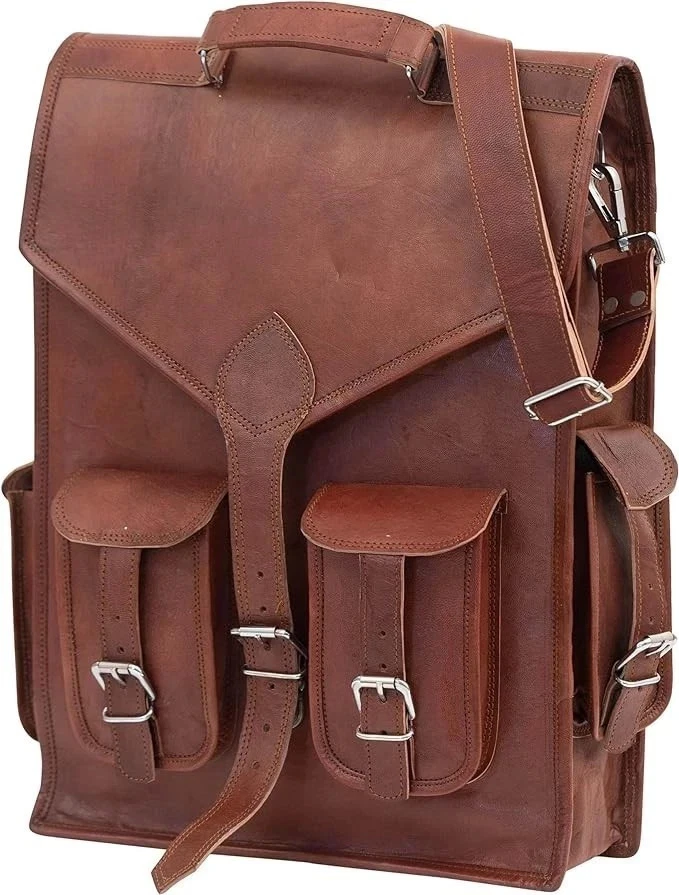 Backpack Travel Men's Leather Bag Goat Genuine Laptop Brown Rucksack Vintage
