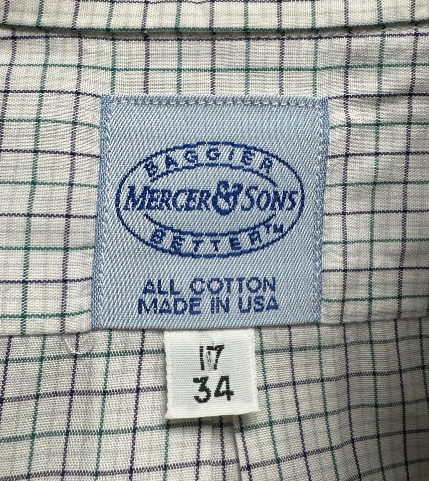 Mercer & Sons Men's 17/34 White/Green/Purple Checkered Button Down Cotton Shirt - Image 4 of 4