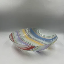 11.75” Round Clear Glass Serving Bowl Pastel Diagonal Stripes