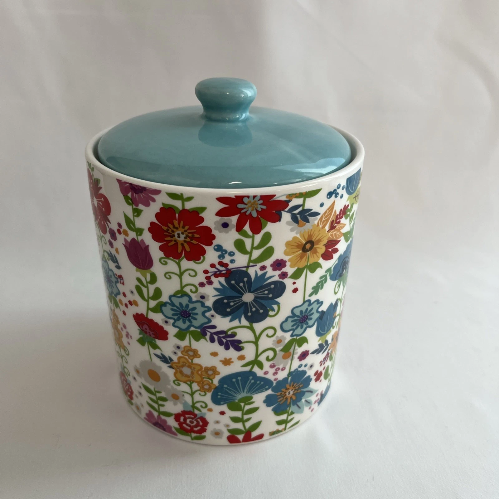 Orly Maison New York Colorful Flowers Teal Lidded Ceramic 6" Canister Jar Pot