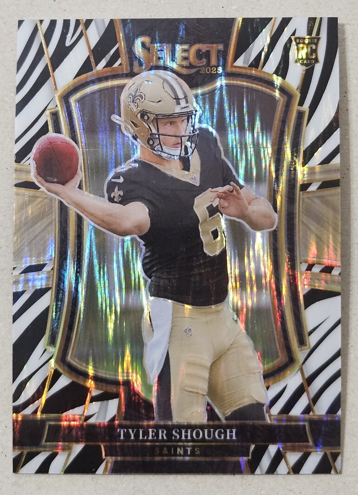 2025 Panini Select Football Zebra Prizm Rookie Tyler Shough Saints Premier #141
