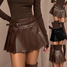 Ladies Girls PU Leather Mini Pleated Skirts Womens Party High Waist Skorts Dress