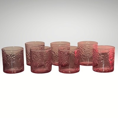 Vtg Pink Floral Embossed Glass Tumblers Set of 7 Retro Drinking Glasses 3.5''x3''