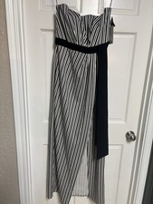 H Halston Black White Pinstripe Strapless Maxi Dress Belted, Modern, Dramatic