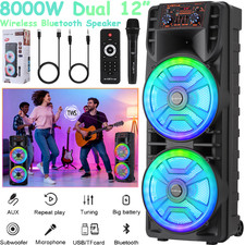 8000W Dual 12" Portable Bluetooth Party Speaker Heavy Bass Subwoofer FM with Mic