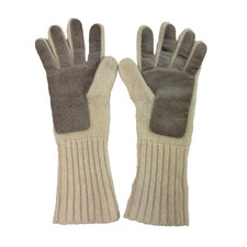Vintage Womens Knit Gloves Angora Wool Blend Cream Genuine Leather Palms OS
