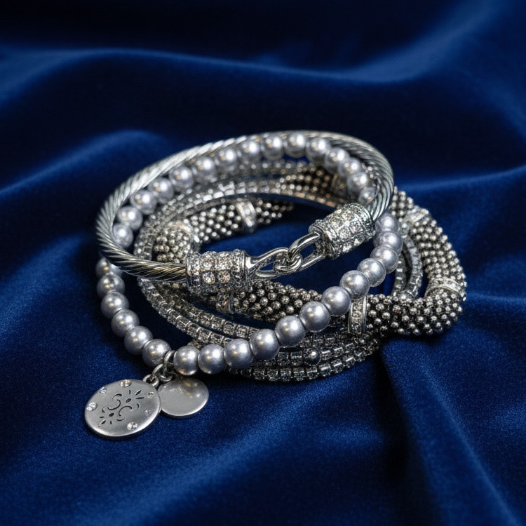 Silver Tone Bangle Bracelet Stack Set – Beaded, R… - image 3