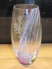 Beautiful Mint Cond Rare Caithness Glass Etched Scottish THISTLE Swirl VASE