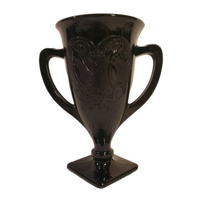 L.E. Smith Vintage Black Amethyst Glass Trophy Vase 1930s Art Deco, 7''