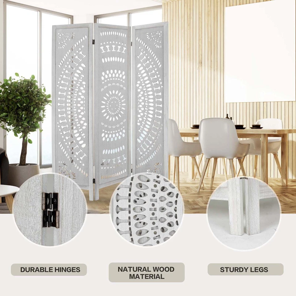 Divisores de habitación con recorte de madera de 3 paneles tallados plegables pantallas de privacidad independientes Foto 4 de 4