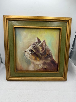 #ad #ad Vintage Oil Painting In Wood Frame Cat Kitten Feline Side View Artwork Art $64.99