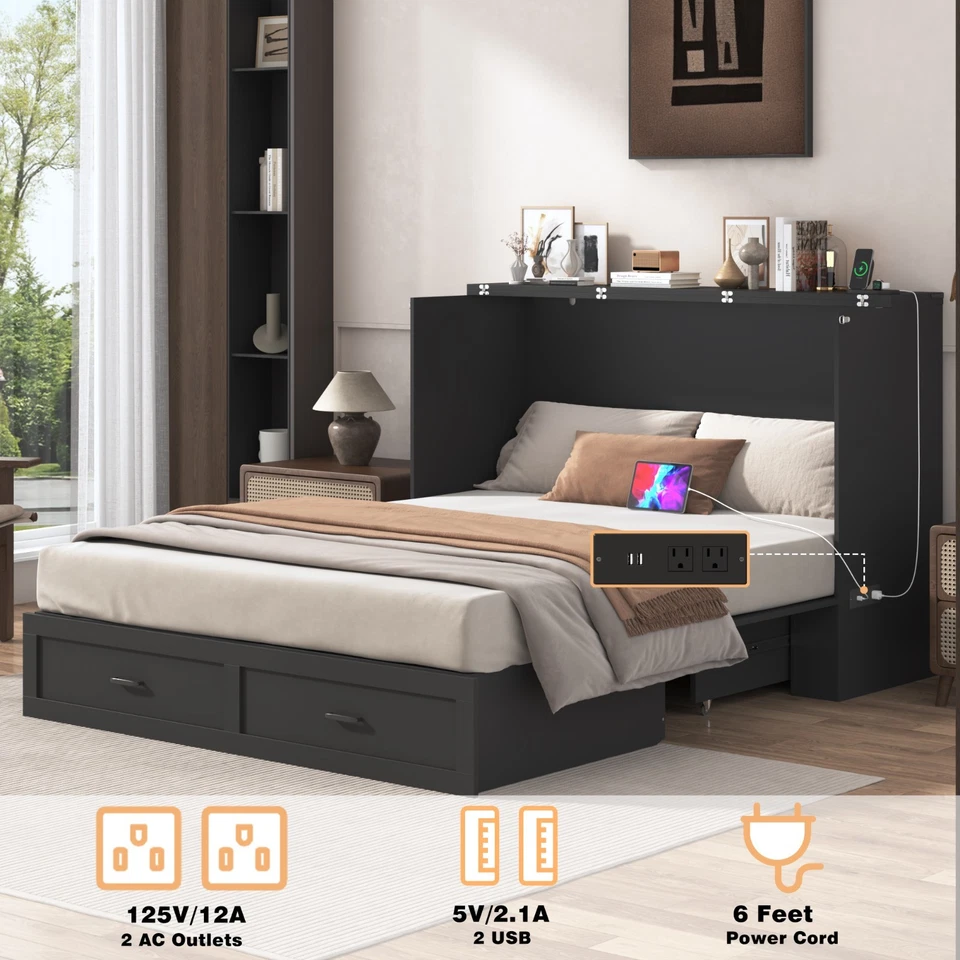Cama Queen Murphy, gabinete Murphy con estación de almacenamiento y carga (negro) Foto 3 de 4
