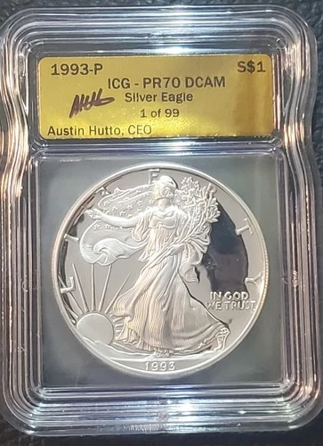 1993-P Proof Silver Eagle ICG PR70 DCAM Austin Hutto Signed Gold Label 1 Of 99