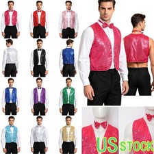 US Men Shiny Sequin V-neck Sleeveless Vest and Adjustable Bow-tie 2Pcs Stage Set