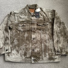 LEVI'S Men’s Large Beige Camo Green Premium Denim Trucker Jacket Inner Pockets