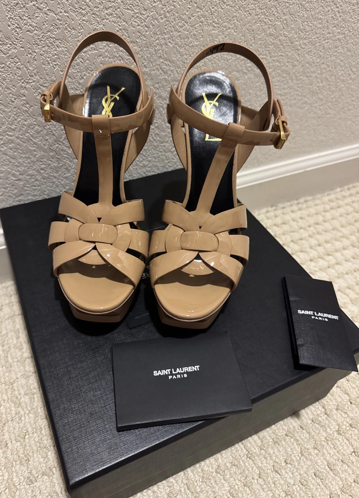 Saint Laurent — NEW Saint Laurent YSL Tribute 105MM Patent Leather Platform Heels Sand 38