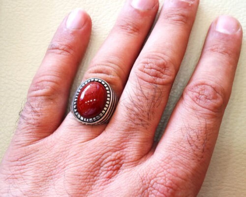 Solid 925 Sterling Silver AA Italian Red Coral Gemstone Designer Gift Men's Ring - Picture 3 of 12