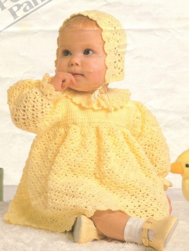 Häkelanleitung Kopie 1521.   Baby Kleid & Mütze.  16-20" Brustumfang.   4ply