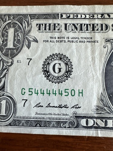 1 $ One Dollar Schein / Schein ausgefallene Seriennummer - G54444450H schöner Look 2013 - Bild 1 von 5