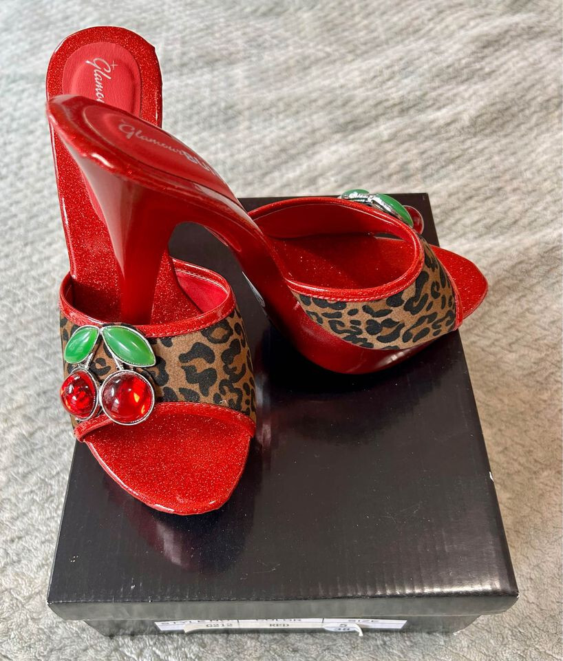 Retro Glamour Bunny Leopard Cherries Red Glitter High Heel Shoes size 38,  UK